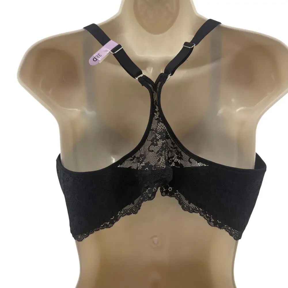 Maidenform One Fab Fit Lace T-Back Front Close Bra 7112 Black 38D